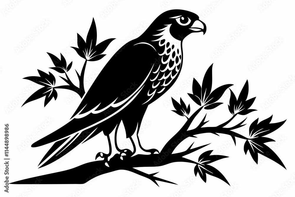 Obraz premium falcon on the tree branch line art silhouette vector illustration