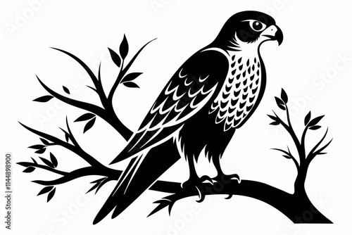 falcon on the tree branch line art silhouette vector illustration