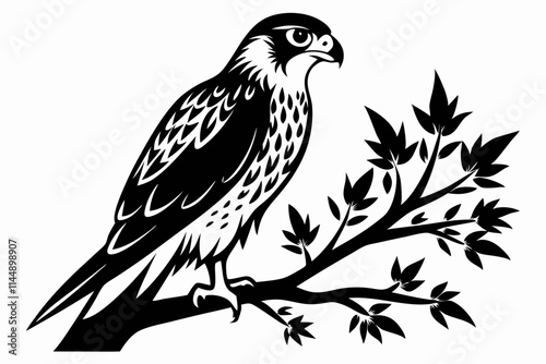 falcon on the tree branch line art silhouette vector illustration