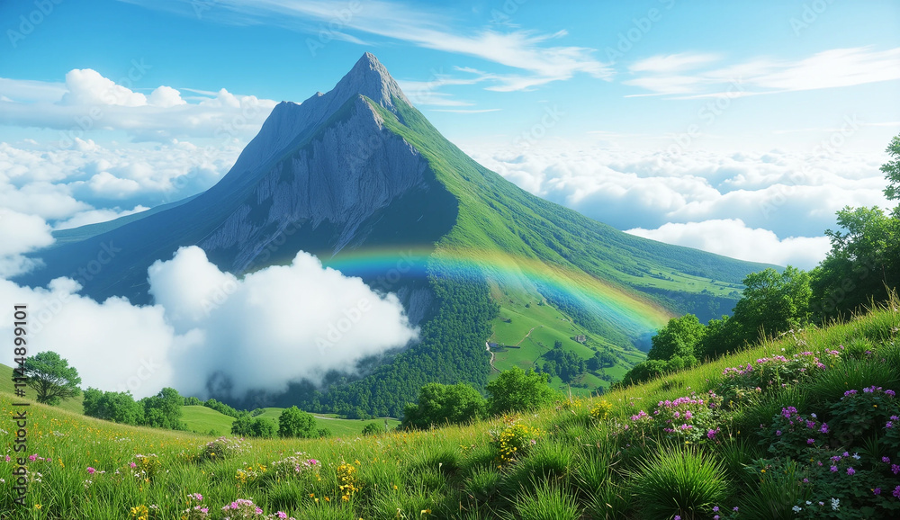 Fototapeta premium Rainbow over mountain landscape with clouds