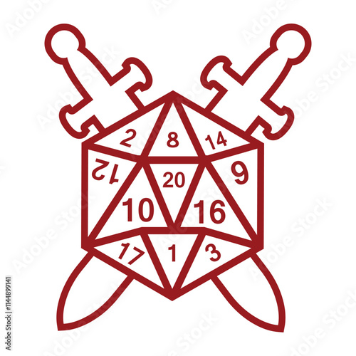 D20 dice for board game. d20. Dice d20 for playing Dnd. Dungeon and dragons board game. game dice. d20 dice line art style. gamer, board game, vector, illustration