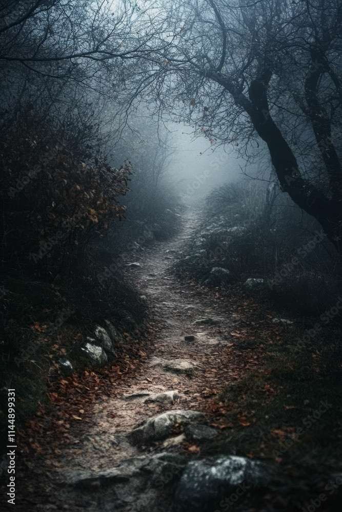 Obraz premium Misty path through leaf-strewn woods.