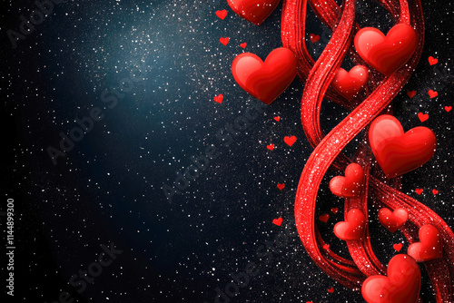 Sparkling red hearts and ribbons intertwined against a starry night sky photo