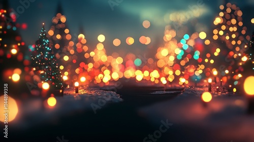 Festive holiday celebration with illuminated trees city park night scene dreamy bokeh effect for holiday spirit inspiration