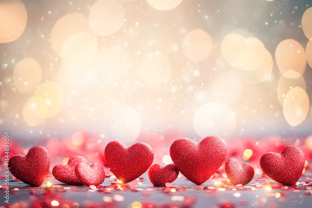 Sparkling red hearts with bokeh lights and glitters for a romantic celebration Sparkling red hearts with bokeh lights and glitters for a romantic celebration