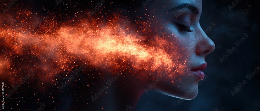 Profile of a woman with fiery, glowing particles. Profile of a woman with fiery, glowing particles.