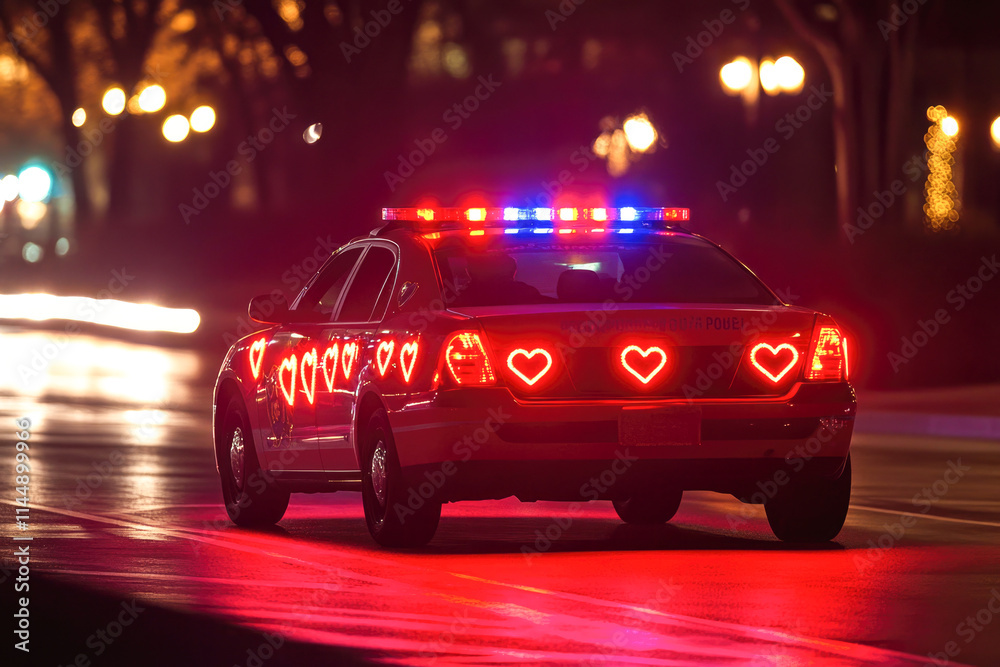 Police car with heart-shaped taillights on night street Police car with heart-shaped taillights on night street