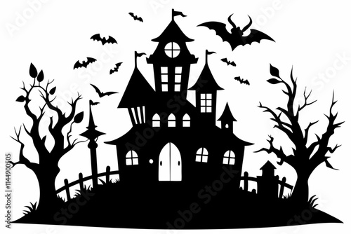 Haunted Halloween house line art silhouette vector illustration