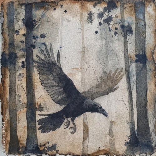 a watercolor sketch of a raven in a forest,.    photo