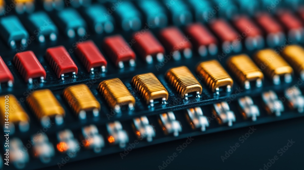 Ethernet network and efficiency concept, A close-up image of colorful electronic components arranged in rows on a circuit board, showcasing intricate details and vibrant colors. Ethernet network and efficiency concept, A close-up image of colorful electronic components arranged in rows on a circuit board, showcasing intricate details and vibrant colors.