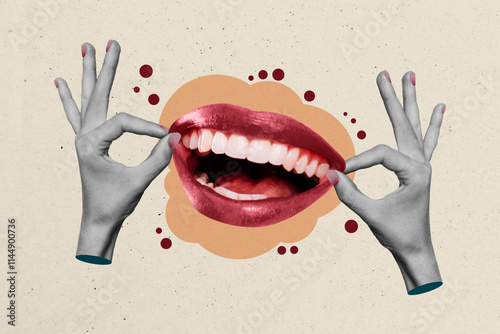 Composite photo collage of hands hold mouth smile lips pomade tooth-care treatment happy mood leisure isolated on painted background photo