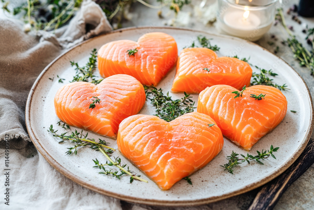 Heart-shaped salmon fillets on plate with fresh herbs for a romantic meal Heart-shaped salmon fillets on plate with fresh herbs for a romantic meal