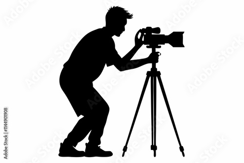 man taking photo using tripod line art silhouette vector illustration