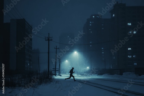 Night runner, snowy street, dimly lit buildings, cold atmosphere.