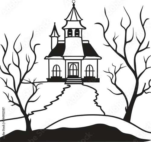 Abandoned Haunted House on a Hill with Gloomy Trees Vector Illustration