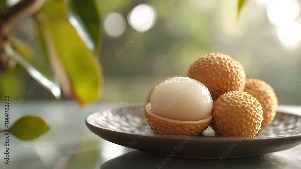 image of a Longan on a plate, set against a soft, blurred background image of a Longan on a plate, set against a soft, blurred background