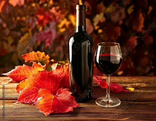 bouteille et verre de vin rouge avec feuilles de vigne en automne