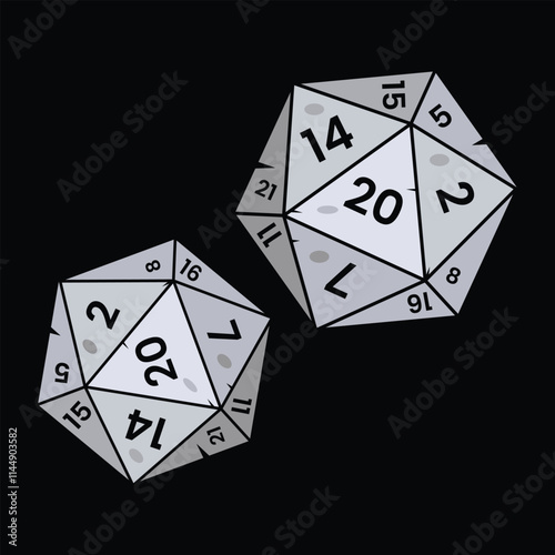 Pair of D20 Dice vector. D20 dice for board game. Board game dice. RPG. Tabletop RPGs. Gaming Enthusiasts. DnD. Role-Playing Game Dice Iconretro.Gaming Fans. play, illustration, icon