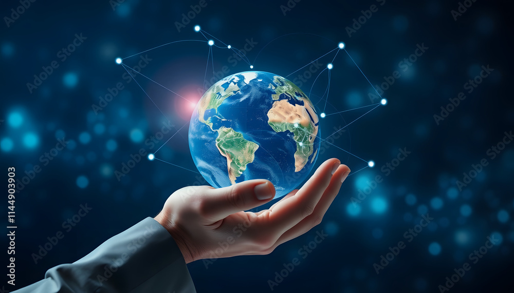Abstract hand of businessman holding earth and global network connection and blue space background, digital network communication and partners concept, Diffused lighting, with white tones Abstract hand of businessman holding earth and global network connection and blue space background, digital network communication and partners concept, Diffused lighting, with white tones