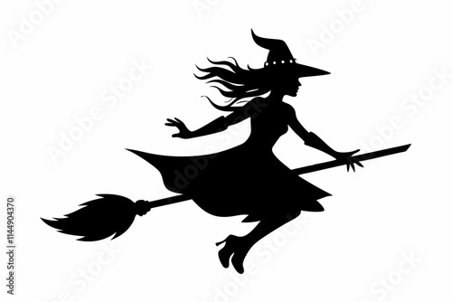 witch flying on a broomstick line art silhouette vector illustration