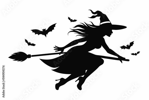 witch flying on a broomstick line art silhouette vector illustration