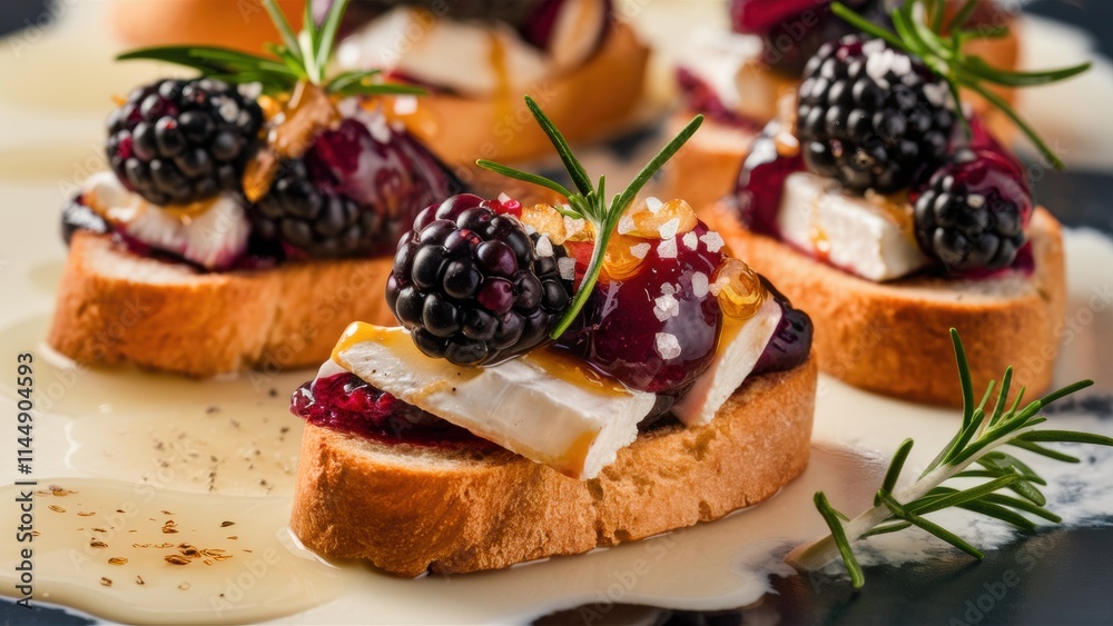 Crostini with brie cheese and blackberries. A golden slice of French baguette is generously sprinkled with velvety Brie cheese, juicy blackberries, sprinkled with honey and seasoned with rosemary.