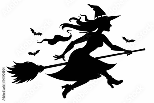 witch flying on a broomstick line art silhouette vector illustration