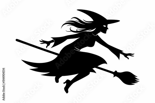 witch flying on a broomstick line art silhouette vector illustration