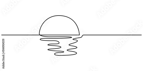 One line drawing of sunset at beach vector, Sun on sea beach one black continuous line, sunset and sunrise outline. Nature landscape with sunshine on coast. One line drawing. Pro Vector illustration.