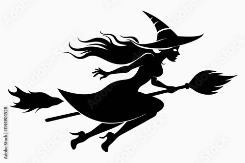 witch flying on a broomstick line art silhouette vector illustration