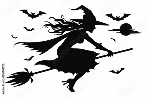witch flying on a broomstick line art silhouette vector illustration