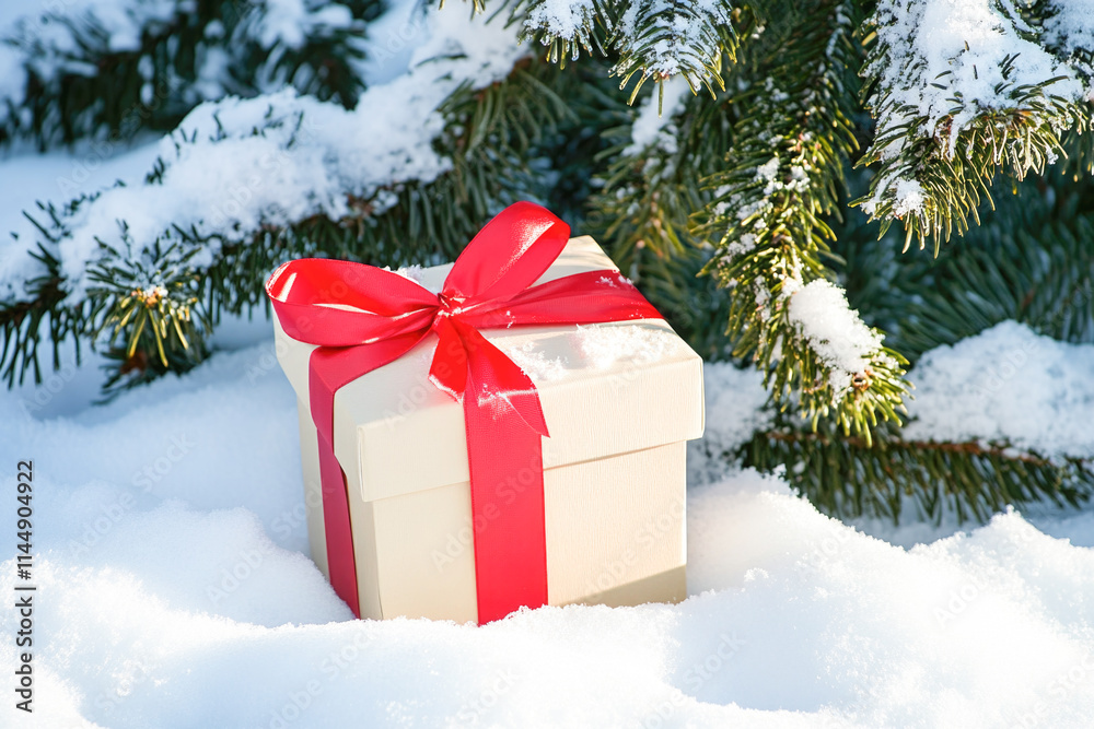 Snow-covered gift box with red ribbon under evergreen tree branches Snow-covered gift box with red ribbon under evergreen tree branches