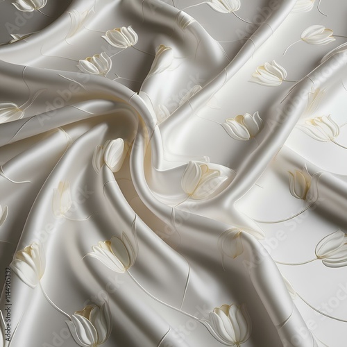 Luxurious white satin fabric with seamless white tulip pattern.