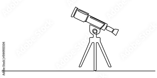 Continuous one line drawing of telescope. One line drawing illustration of telescope. World space day concept singe line. Editable outline, Continuous single one line sketch drawing of telescope outer