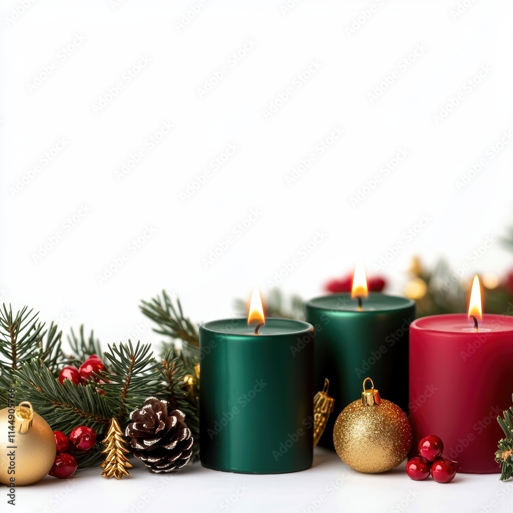 A row of festive candles in red, green, and gold, surrounded by pine garlands, isolated on a white background A row of festive candles in red, green, and gold, surrounded by pine garlands, isolated on a white background