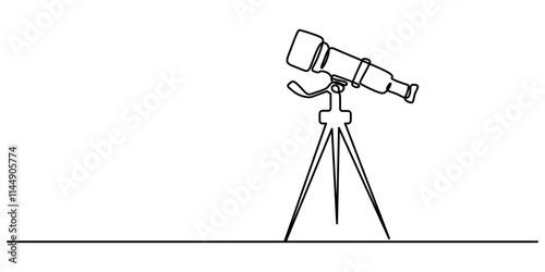 Continuous one line drawing of telescope. One line drawing illustration of telescope. World space day concept singe line. Editable outline, Continuous single one line sketch drawing of telescope outer