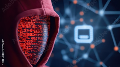 Mysterious Hacker in Red Hoodie with Digital Background photo