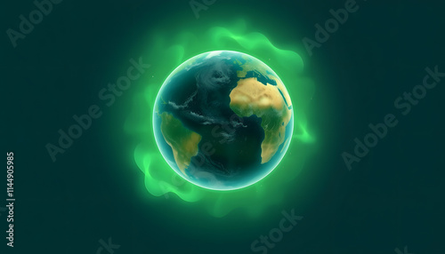 Clean environment planet Earth concept with the planet surrounded by a green haze boundary panoramic, pop-art, with white tones