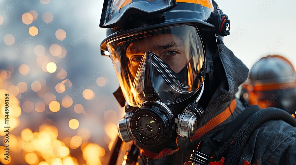 Firefighter in Gear with Flames in Background Firefighter in Gear with Flames in Background