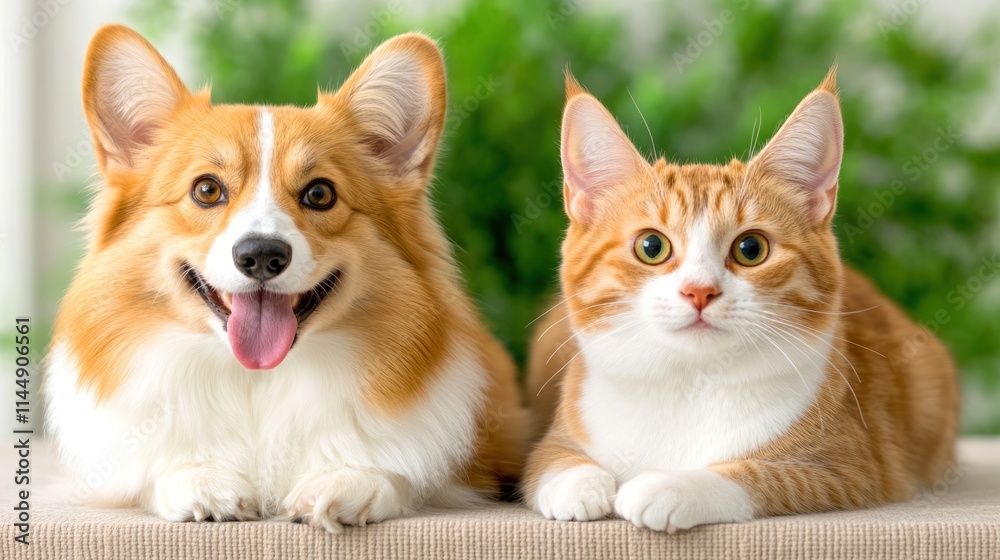 A cheerful corgi and a calm orange cat lying together, showcasing the bond between pets. A cheerful corgi and a calm orange cat lying together, showcasing the bond between pets.