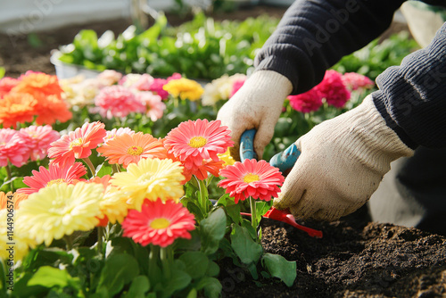 Fototapeta Naklejka Na Ścianę i Meble -  Vibrant garden flowers: hands in gloves pruning colorful blossoms in soil