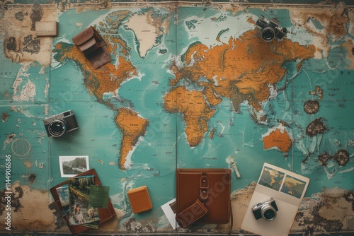 Travel memories displayed on world map backdrop with copy space for text. Generative AI