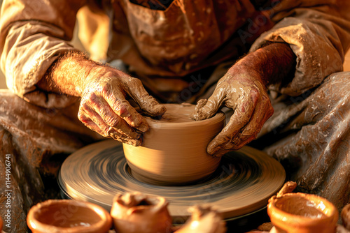 Caucasian mature male artisan shaping clay pot on wheel with skilled hands photo