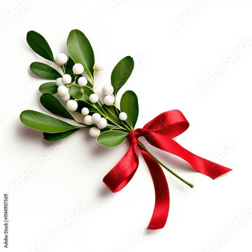A single sprig of mistletoe with white berries, tied with a red ribbon, isolated on a white background