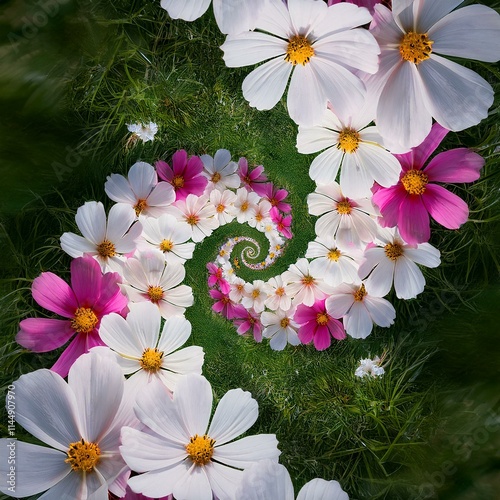 spirale de cosmos sur fond de gazon
