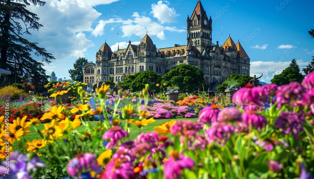 Fototapeta premium Magic world of flowers. Fairy tale castle in the park. Magical world of flowers.