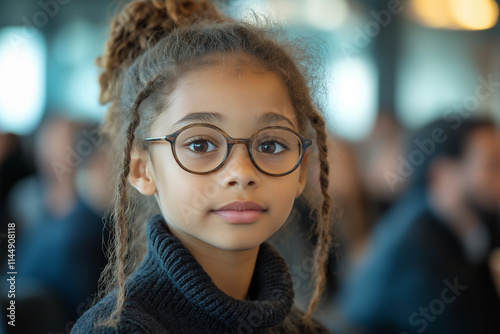 Bright smile of a young girl with glasses in a busy setting. Generative AI