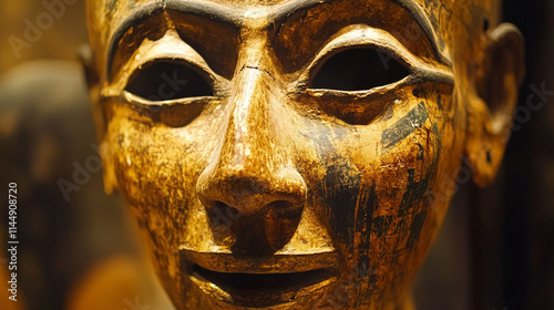 Close view of a mummy's golden mask, emphasizing its regal design. photo