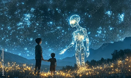 Two children encounter a glowing alien in a starry landscape, evoking wonder and curiosity.