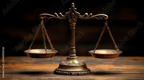 Antique bronze scales of justice on dark wood.